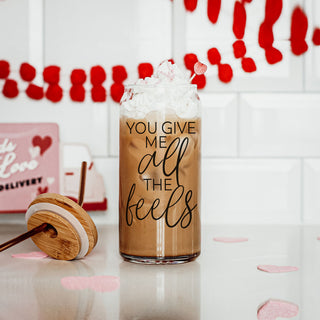 Wholesale funny Valentine’s Day glass cups, You Give Me All the Feels, 20oz with bamboo lid.
Bulk 20oz bamboo lid glass cups, You Give Me All the Feels for wholesale orders.