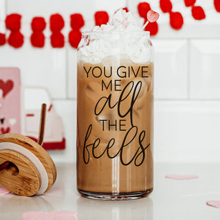 Bulk 20oz You Give Me All the Feels glass cups with bamboo lid for men’s gifts.
Wholesale 20oz bamboo lid glass cups, You Give Me All the Feels design for resale.