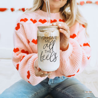 Wholesale Valentine’s Day gifts for him, You Give Me All the Feels glass cup, 20oz.
20oz You Give Me All the Feels glass cups with bamboo lid, wholesale for Galentine’s Day.