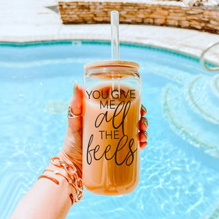 Bulk You Give Me All the Feels 20oz glass cups with bamboo lid, wholesale for stores.
Wholesale 20oz glass cups with bamboo lid, You Give Me All the Feels, bulk orders for gifts.