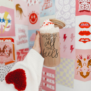 Wholesale Sweet "You Give Me All the Feels" 20oz glass cup with bamboo lid and glass straw.
20oz glass cup with bamboo lid and glass straw, perfect for expressing your feels.
Romantic 20oz glass cup with bamboo lid and glass straw, "You Give Me All the Feels".