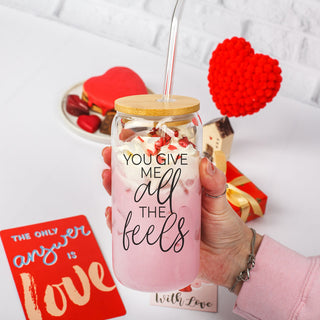 Wholesale 20oz glass cup with bamboo lid and glass straw, featuring "You Give Me All the Feels" saying.
Perfect 20oz glass cup with bamboo lid and straw, "You Give Me All the Feels" design.
20oz bamboo lid glass cup with straw, "You Give Me All the Feels" for a sweet gift.