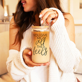 You Give Me All the Feels" 20oz glass cup with bamboo lid, glass straw for loved ones.
Romantic 20oz glass cup with bamboo lid, straw, and "You Give Me All the Feels" phrase.
"You Give Me All the Feels" 20oz glass cup with bamboo lid and straw for a cute gift.
