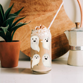 adorable spooky season tumbler
ghost face drinking glass
boutique ghost collection
halloween shop display