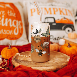 Halloween garden decor cup
Spooky garden lover gift
Ghost aesthetic tumbler
Moon and mushroom pattern glass