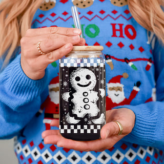 Christmas gift idea - retro gingerbread tumbler with checkered holiday border
Reusable iced coffee tumbler - retro gingerbread man Christmas design
Holiday season drink cup - festive gingerbread glass with bamboo lid and straw