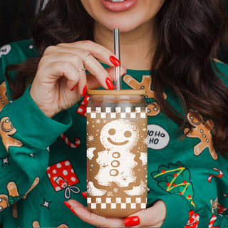 Christmas coffee drinkware Wholesalers in the USA– glass tumbler with bamboo lid for hot chocolate or coffee
Holiday coffee tumbler gift – festive retro gingerbread glass cup for moms and home chefs