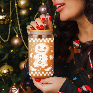 Coffee bar essential – 17oz glass Christmas tumbler with retro checkered gingerbread wrap
Christmas kitchen decor – glass coffee cup with retro checkered gingerbread holiday design
