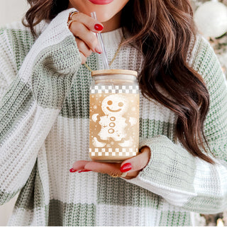 Rustic Christmas tumbler - retro holiday gingerbread glass with plaid border
Gingerbread holiday tumbler - festive retro glass cup with eco bamboo lid
Unique Christmas party gift - retro checkered gingerbread glass tumbler
