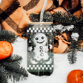 17oz retro Christmas glass tumbler - Vintage gingerbread holiday coffee cup with bamboo lid straw - Festive kitchen gift
Christmas kitchen gift - retro gingerbread glass tumbler with straw