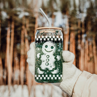 Holiday drinkware retro glass cup 17oz - Vintage Christmas gingerbread tumbler bamboo lid - Festive coffee gift with straw
Retro holiday tumbler cup - reusable glass with gingerbread man artwork