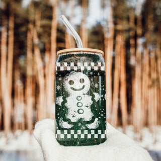 Wholesale Vintage Christmas coffee gifts glass tumbler 17oz - Retro gingerbread holiday drinkware bamboo lid - Checkered kitchen accessories
Christmas glass tumbler with bamboo lid - black and white retro gingerbread design