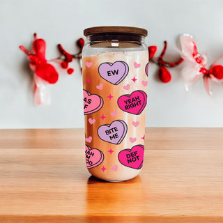 Wholesale Sassy and sarcastic candy heart tumblers for fun gifts.
Trendy glass cups for quirky Valentine’s Day celebrations.
Funny and unique Valentine’s glassware gift ideas.