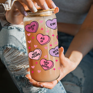 Sarcastic candy hearts glass tumbler for bold humor for resale. 
Naughty candy hearts glass cup for cheeky vibes.
Unique Valentine’s Day gift ideas with modern designs wholesalers USA