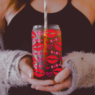 Fun and trendy 20oz glass cups with red lips, hearts, and pink XOXO.
Cute and chic 20oz glass cups with red lips and heart designs for gifting.
Red lips, hearts, and XOXO 20oz glass cups for a bold Valentine’s gift.