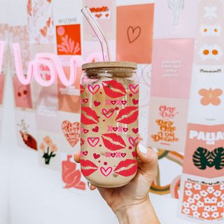 20oz wholesale glass cups with red lips, hearts, and XOXO for Galentine’s Day celebrations.
Wholesale glass cups with red lips, hearts, and XOXO for fun and festive Valentine’s gifts.