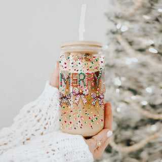 Holiday drinkware glass cup 17oz - Christmas Merry glitter tumbler bamboo lid - Festive coquette bow coffee gift with straw