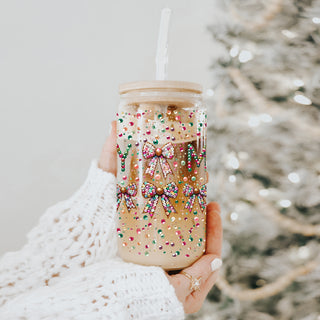 Christmas gifts for women glass tumbler - Merry sequin glitter holiday drinkware bamboo lid glass straw coquette bow
Holiday coffee gifts glass cup 17oz - Christmas Merry glitter sequin coquette bow kitchen accessories bamboo lid straw