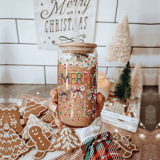 Bulk Festive holiday coffee cup – “Merry” glass drinkware with glitter designs
Christmas kitchen decor – glass tumbler with colorful sequins and bows