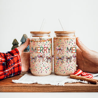 Holiday drinkware - reusable glitter tumbler with Merry and bows design
Christmas party tumbler - sequin glass cup with colorful bows and bamboo lid
Festive Christmas coffee cup - Merry tumbler with sequins and glitter