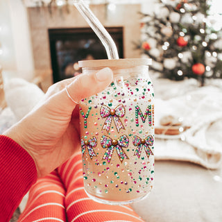Holiday kitchen gift – colorful “Merry” glass cup for Christmas coffee
Sparkly Christmas coffee mug – glass tumbler with sequins and coquette bows