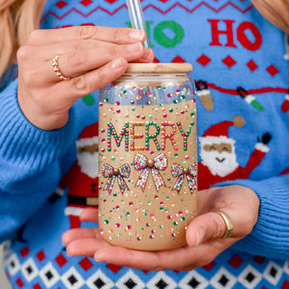 Reusable holiday glass cup - Merry tumbler with coquette bows design
Eco-friendly Christmas tumbler - glitter sequin holiday glass with lid and straw