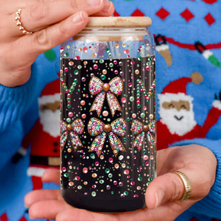 Holiday glass tumbler 17oz - Christmas Merry glitter sequin coffee cup bamboo lid Coquette bow festive drinkware with straw
Hot chocolate cup Christmas Merry glass tumbler 17oz - Sequin coquette bow holiday drinkware bamboo lid