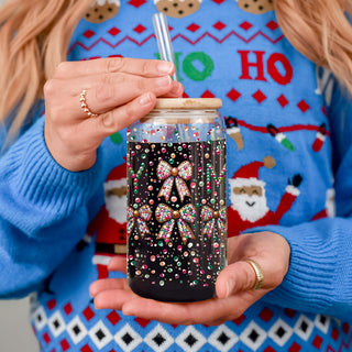 Reusable Christmas Merry coffee cup 17oz glass straw - Sequin coquette bow eco-friendly tumbler bamboo lid
Dishwasher safe Merry Christmas glass tumbler 17oz - Sequin coquette bow holiday drinkware bamboo lid straw
