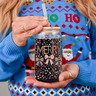 Multicolor sequin Merry glass cup 17oz - Christmas coquette bow colorful holiday tumbler bamboo lid
Bright Christmas Merry glass tumbler 17oz - Vibrant sequin coquette bow holiday coffee cup bamboo lid straw