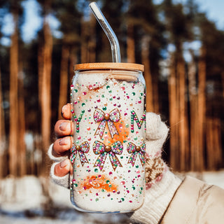 Wholesale 17oz Christmas glass tumbler - Merry glitter sequin holiday coffee cup with bamboo lid straw - Coquette bow festive gift