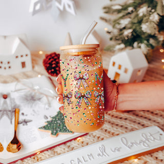 Merry holiday glass cup - glitter tumbler with bamboo lid and straw
Christmas stocking stuffer idea - festive glitter tumbler with bows