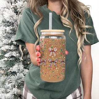 Festive reusable holiday tumbler - glitter and sequin Merry glass cup
Unique Christmas tumbler gift - colorful sequin bow glass with lid and straw