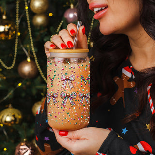 Coquette Christmas glass tumbler 17oz bamboo lid - Merry sequin glitter holiday coffee cup glass straw - Girly bow drinkware wholesalers