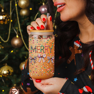 Festive holiday tumbler with bamboo lid - Merry glass cup with coquette bows
Glitter and sequin Christmas tumbler - 17oz glass cup with bamboo lid and straw
Colorful Christmas glass cup - Merry tumbler with glitter bow design