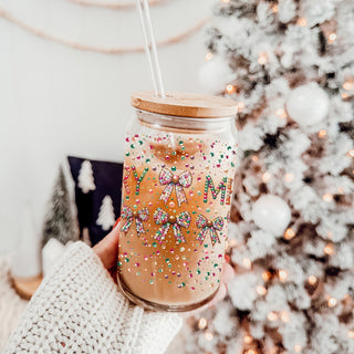Christmas coffee gifts glass tumbler 17oz - Merry sequin glitter holiday drinkware bamboo lid - Coquette bow kitchen accessories