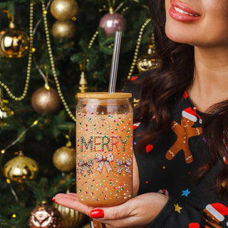 Christmas coquette glass cup 17oz glass straw - Merry sequin glitter holiday tumbler bamboo lid - Bow aesthetic festive gift