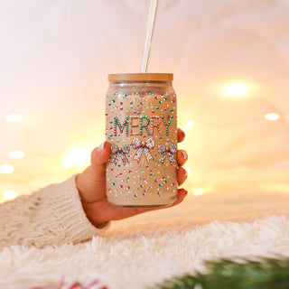 Teacher Christmas gifts Merry sequin glass cup 17oz - Holiday coquette bow coffee tumbler bamboo lid appreciation
Eco-friendly Christmas Merry glass tumbler 17oz bamboo lid - Sequin coquette bow sustainable drinkware glass straw
