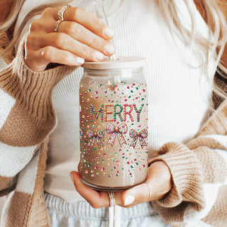 Christmas hostess gifts glass tumbler 17oz - Merry sequin glitter holiday coffee cup bamboo lid - Coquette bow drinkware