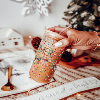 Holiday coffee tumbler – glass cup with colorful Christmas coquette bows
Christmas coffee mug – “Merry” glass tumbler with festive glitter design
Unique holiday coffee cup – sequins and glitter Christmas glass cup gift