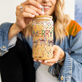 Christmas kitchen decor glass cup 17oz - Merry sequin glitter holiday tumbler with straw - Coquette bow sparkly drinkware