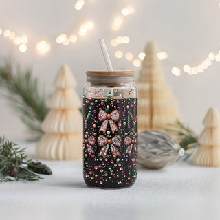 Festive drinkware gift – sequins and glitter Christmas glass cup with coquette bows
Christmas morning coffee cup – colorful Merry glass tumbler with bows