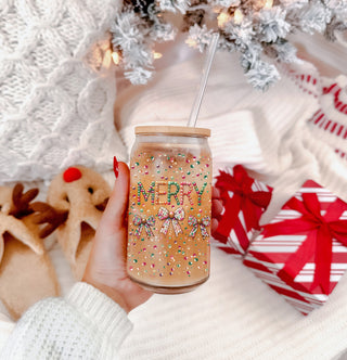 Christmas drinkware gift - colorful glitter tumbler with bamboo lid
Christmas glam tumbler - glass cup with sequin bows and Merry message
