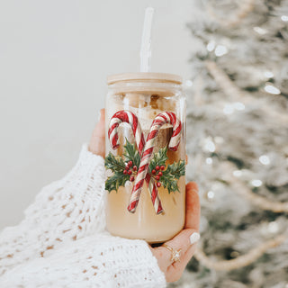 Christmas gifts for women glass tumbler 17oz - Candy cane holly holiday drinkware bamboo lid glass straw
Holiday coffee gifts glass cup 17oz - Christmas candy cane holly traditional kitchen accessories bamboo lid straw