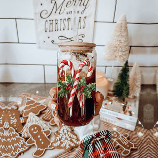 Holiday drinkware glass cup 17oz - Christmas candy cane holly tumbler bamboo lid - Festive coffee gift with straw