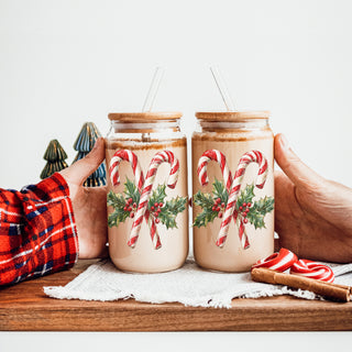 Holiday drinkware gifts glass cup 17oz - Christmas candy cane holly coffee tumbler bamboo lid - Traditional accessories