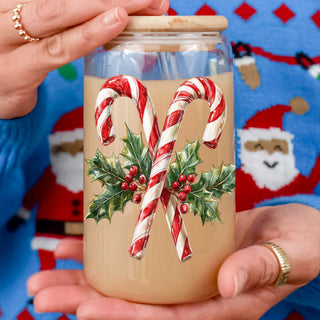 Christmas glass cup 17oz with bamboo lid - Candy cane holly tumbler with glass straw - Holiday drinkware gift
Holiday glass tumbler 17oz - Christmas candy cane holly coffee cup bamboo lid - Festive drinkware with straw