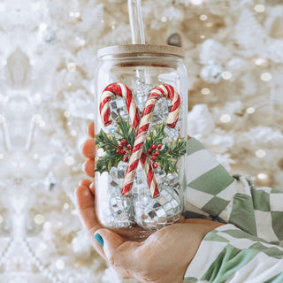 Classic holiday tumbler - glass Christmas cup with candy cane and holly leaves
Eco-friendly Christmas tumbler - candy cane design glass with bamboo lid