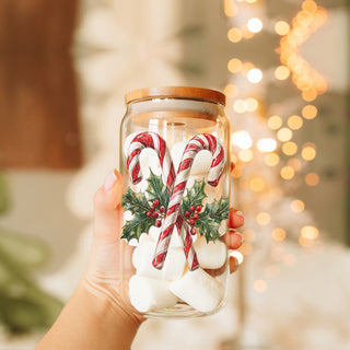 Wholesale Christmas kitchen decor glass cup 17oz - Candy cane holly holiday tumbler with straw - Traditional festive drinkware