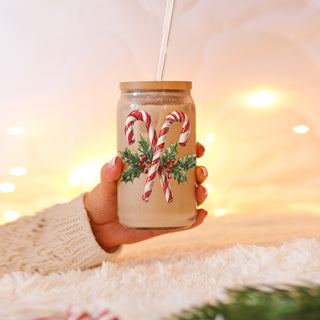 Holiday drink cup - Christmas tumbler with candy cane and holly print
Christmas stocking stuffer - reusable candy cane tumbler with bamboo lid