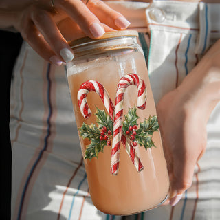 Holiday sparkle drinkware – Christmas wreath and candy cane glass cup
Unique Christmas coffee cup – festive glass tumbler with candy cane and holly wreath